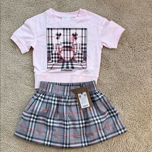 Burberry Pink Logo Tee with Gray Plaid Skirt Set